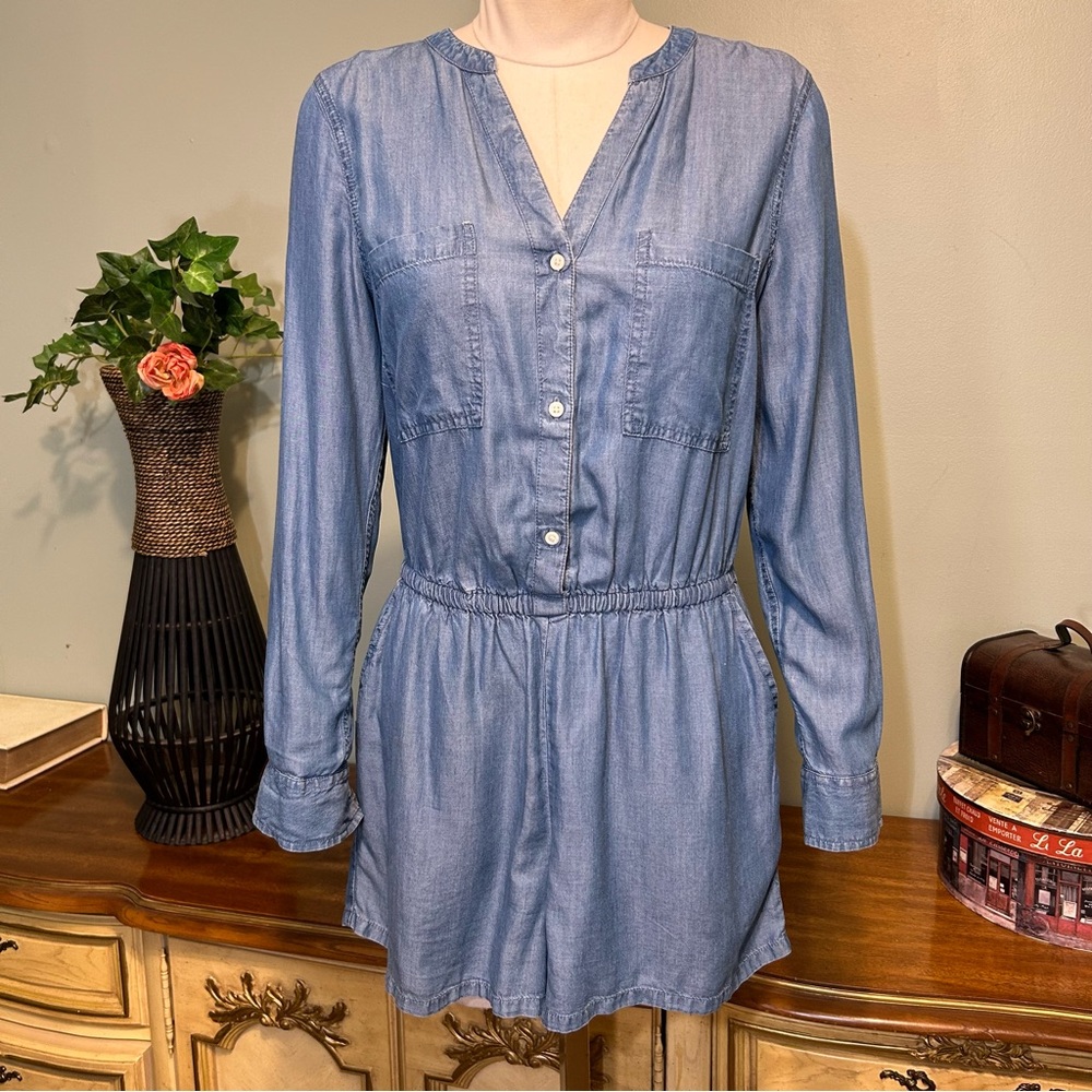 Old Navy Blue Chambray Shorts One Piece Button Front Pocket Romper NWOT